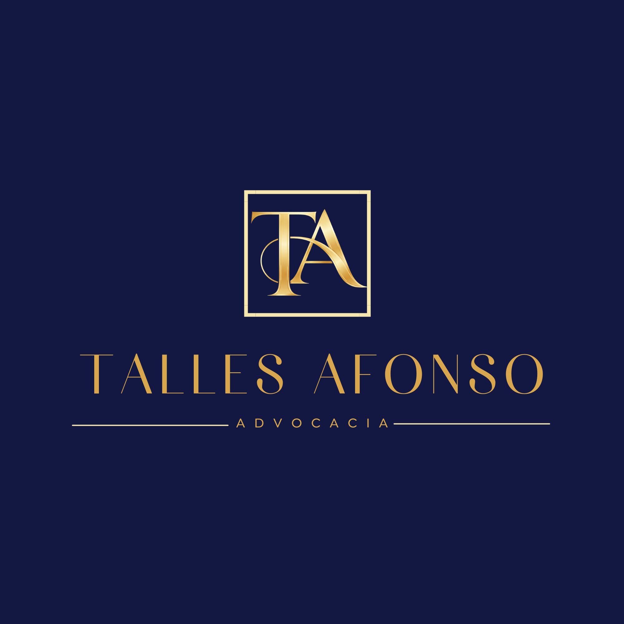 Logotipo do escritório Talles Afonso Advocacia. Fundo azul marinho escuro. Ao centro, na parte superior, as iniciais T e A entrelaçadas em dourado, com tipografia serifada elegante, enquadradas por um contorno quadrado fino também em dourado. Abaixo, o nome TALLES AFONSO em letras douradas maiúsculas com espaçamento amplo, seguido de uma linha horizontal fina dourada com a palavra ADVOCACIA centralizada em letras menores, também douradas e espaçadas.